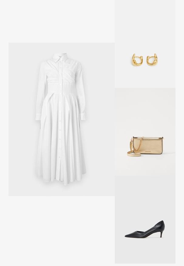 Abito camicia in cotone bianco con maniche lunghe, chiusura frontale con bottoni, gonna plissettata e vita aderente. Presenta un design strutturato e una texture morbida.; Décolleté in pelle nera con punta affusolata e tacco basso. Presenta una texture liscia e una lucentezza sottile. Taglio aperto sulla parte anteriore per un dettaglio aggiuntivo.; Clutch in pelle oro metallizzato con finitura testurizzata, dotata di una tracolla in catena dorata e di una tracolla rimovibile. Logo del marchio impresso.; Orecchini a cerchio in oro con un design liscio e arrotondato, caratterizzati da una finitura lucida. Gli orecchini hanno una forma compatta e robusta, con una chiusura senza cuciture.
