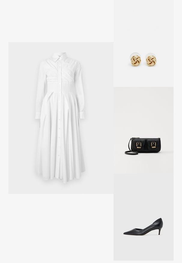 Fehér pamut ingruha hosszú ujjal, gombos elülső résszel, plissézett szoknyával és testhez simuló derékrésszel. Strukturált kialakítás és puha textúra jellemzi.; Fekete bőr magassarkú cipő hegyes orral és alacsony sarokkal. Sima felülettel és enyhe fényű kialakítással rendelkezik. Az elején nyitott részlet a fokozott díszítésért.; Fekete bőr keresztbody táska két elülső zsebbel, arany csattokkal, cipzáras záródással és vékony pánttal. Textúrált felület és kompakt téglalap alak.; Arany színű csomó fülbevalók, csavart formával. Minden fülbevaló mögött egy kör alakú átlátszó támasz található a biztonságos viselés érdekében.
