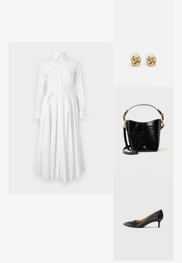 Balta kokvilnas krekla kleita ar garajām piedurknēm, pogām priekšpusē, plisēta svārku daļa un pieguļoša josta. Iespējota strukturēta dizaina un mīksta tekstūra.; Melnas ādas augstpapēžu kurpes ar pīlādžu purngalu, zemu papēdi un gludu virsmu. Raksturīga neliela atvere priekšā un minimāls aprīkojums aizmugurē.; Melnas krokodila raksts ādas soma ar izliekta formu, zelta aparatūru, regulējamu siksnu un logotipa detaļu priekšpusē.; Zeltītu mezgla auskari ar vērptu dizainu. Katrs auskaru pāris ir aprīkots ar apaļu caurspīdīgu atbalstu drošai nēsāšanai.