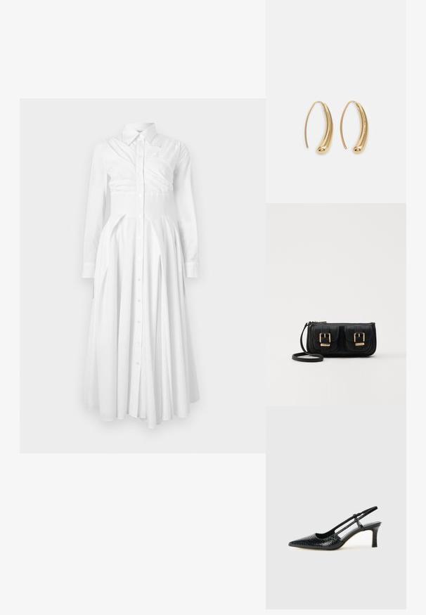 Rochie din bumbac alb, cu mâneci lungi, deschisă la nasturi în față, fustă pliată și talie strânsă. Prezintă un design structurat și o textură moale.; Pantofi cu toc slingback negri din patent, cu vârf ascuțit, cu imprimeu de șarpe texturat, curea ajustabilă și toc scurt texturat.; Geantă neagră din piele, tip crossbody, cu două buzunare frontale, catarame aurii, închidere cu fermoar și o curea subțire. Suprafață texturată și formă rectangulară compactă.; Cercei din metal auriu, cu un design curbat și alungit. Au o suprafață netedă și strălucitoare, cu un vârf rotunjit pentru un detaliu suplimentar.