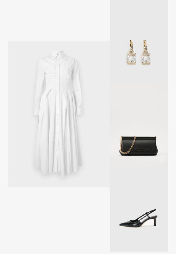 Balta medvilninė marškininė suknelė su ilgomis rankovėmis, mygtukų uždarymu priekyje, klostuota sijona ir prigludusia juosmena. Išsiskiria struktūruotu dizainu ir švelnia tekstūra.; Juodai lakuoti slingback aukštakulniai su smailiu nosiu, su tekstūruotu gyvatės raštu, reguliuojama juosta ir trumpu, tekstūruotu blokiniu kulnu.; Juodas odinis delninukas su auksine grandine, turintis lygų paviršių, stačiakampį išmatavimą ir įspaustą prekės ženklą priekyje.; Auksinės spalvos auskarai, kuriuose yra stačiakampis, skaidrus kristalas, kabantis po eile mažų, apvalių skaidrių akcentų. Šiuolaikiškas, modernus dizainas.