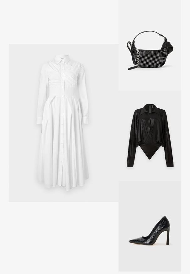 Vestido de camisa de algodão branco com mangas longas, frente com botões, saia pregueada e cintura ajustada. Apresenta um design estruturado e uma textura suave.; Bodysuit preto com mangas longas, decote em V e silhueta ajustada. Feito de um tecido brilhante e suave, com colarinho e punhos estruturados.; Sapato de salto alto de bico fino preto com textura de pele de crocodilo, apresentando um design elegante, salto agulha alto e interior preto suave.; Bolsinha preta com adornos de tachas, uma alça de corrente e uma pega em couro liso, com um formato arredondado e um compartimento com fecho.