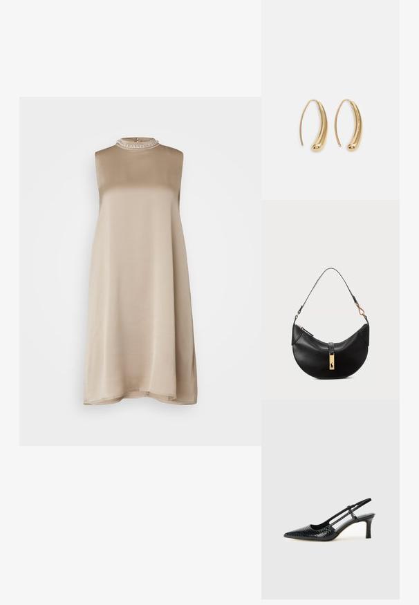 Béžové bezrukávové šaty s okrúhlym výstrihom, vyrobené z hladkej látky, s textúrovaným golierom ozdobeným malými korálkami.; Čierne patentové slingback topánky na ihlovom podpätku s špicatou špičkou, s textúrovaným hadím vzorom, nastaviteľným popruhom a krátkym, textúrovaným blokovým podpätkom.; Čierna kožená kabelka v tvare polmesiaca. Obsahuje zlaté kovové doplnky a úzku rúčku. Hladká textúra, zips na vrchu.; Náušnice vo forme zlatých kovových kruhov s zakriveným, predĺženým tvarom. Majú hladký, lesklý povrch a zaoblený koniec pre pridanie detailu.
