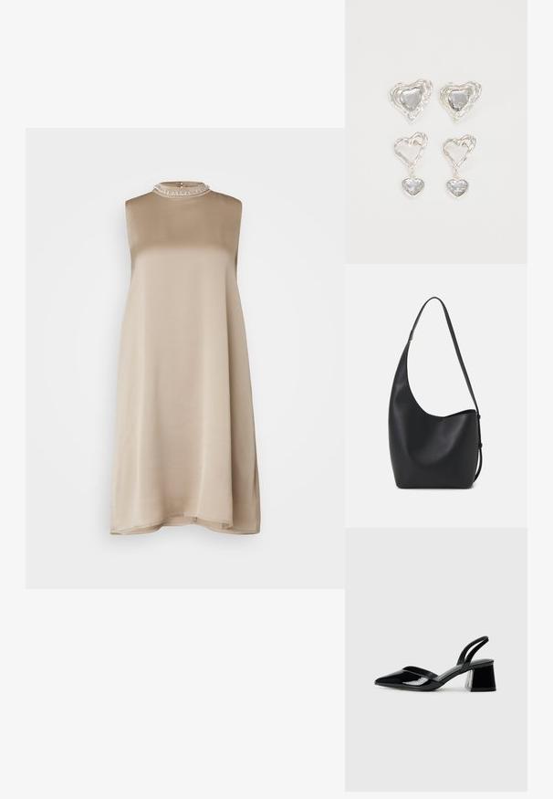 Bež haljina bez rukava s okruglim izrezom, izrađena od glatkog materijala, s teksturiranim kragnom ukrašenim malim perlama.; Crne lakirane kožne sandale s otvorenom petom i špicastim vrhom, s geometrijskom blok petom. Imaju elegantan, minimalistički dizajn i glatku teksturu.; Crna kožna hobo torba s glatkom teksturom, zakrivljenim oblikom i jednom podesivom trakicom; ima širok otvor na vrhu.; Srebrne naušnice u obliku srca imaju fasetirane prozirne kamenčiće, s teksturiranim okvirom. Set uključuje naušnice na dugme i viseće stilove.