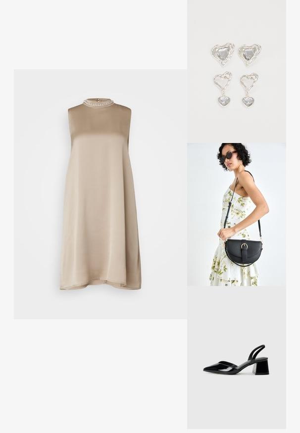 Bēša bezpiešu kleita ar apaļu dekoltē, izgatavota no gludas auduma, ar teksturētu apkakli, dekorētu ar mazām pērlītēm.; Melna lakota āda ar atvērto papēdi, ar smailu purngalu un ģeometrisku blokpapēdi. Iezīmējas elegants, minimāls dizains un gluda tekstūra.; Melnas ādas rokassoma ar izliekta formu, noņemamu siksnu un zelta aksesuāriem. Somai ir vāciņš ar sprādzes detaļu.; Sudraba sirds formas auskari ir rotāti ar daudzšķautņainiem caurspīdīgiem akmeņiem un ar teksturētu rāmi. Komplektā iekļauti gan pērlīšu, gan pilienu stili.