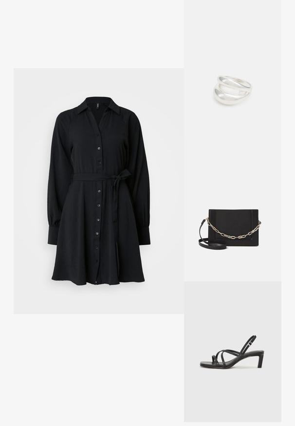 Črna obleka s kratkimi rokavi, gumbi spredaj in pasom za zavezovanje. Narejena je iz lahkega materiala, ima klasičen ovratnik in sproščen kroj.; Črne natikače s trakovi in kvadratnim prstom ter nizkim blokastim peto. Imajo več tankih trakov in nastavljiv trak okoli gležnja. Narejene so iz gladkega usnja.; Črna usnjena torba čez ramo z gladko teksturo, pravokotno obliko in kovinskim verižnim detajlom spredaj. Vključena je nastavljiva naramnica.; Srebrn dvojni prstan z gladko, polirano površino. Ima tekoč, ukrivljen dizajn z prekrivajočimi se sekcijami za sodoben videz.