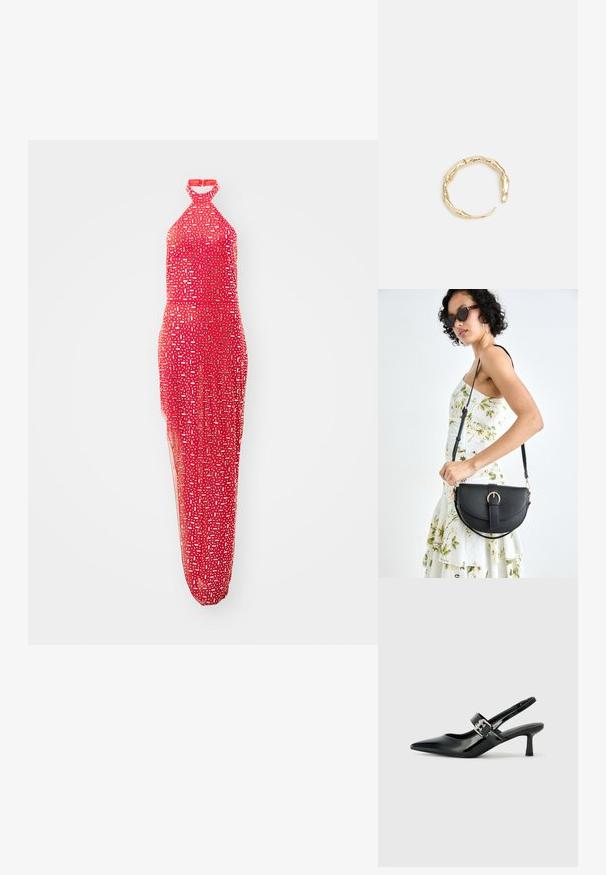 Raudona suknele su kaklo susirišimu, prigludusia palaidine, permatomu audiniu ir geometriniais raštais, kuriuose derinami įvairūs balto ir sidabrinio atspalviai.; Juodai lakuoti slingback aukštakulniai su smailiu kojų pirštu ir mažais blokiniais kulniukais, su sidabro sagtimi ant dirželio.; Juodas odinis krepšys su išlenkta forma, nuimamu dirželiu ir auksiniais detalėmis. Krepšys turi kilpą su sagtimi.; Auksinės spalvos žiedas, turintis organišką, sukimosi dizainą su lygiu paviršiumi ir siaurėjančiais galais, sukuriantis modernią skulptūrinę išvaizdą.