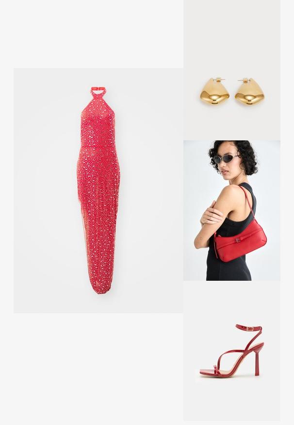 Rochie roșie cu guler tip halter, cu un corset ajustat, suprapune transparentă și modele geometrice în diverse nuanțe de alb și argintiu.; ALDO SCINTILLA - Sandale cu toc - red; Geantă de umăr din piele roșie cu o textură netedă, design curbat și un accent decorativ sub formă de cataramă. Curea ajustabilă și închidere cu fermoar.; Cercei din metal de culoare aurie, cu o formă triangulară rotunjită și un design cu prindere pe spate; suprafață reflectorizantă cu detalii minime.