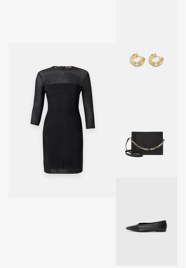 Černé přiléhavé šaty s kulatým výstřihem, tříčtvrtečními rukávy a strukturovaným korzetem. Vyrobeno z hladké látky s průhledným panelem v oblasti výstřihu.; Černé kožené baleríny, špičatá špička, minimalistický design, hladký povrch, nízký podpatek, žádné viditelné kovové prvky nebo ozdoby.; Černá kožená crossbody taška s hladkým povrchem, obdélníkovým tvarem a kovovým řetízkem na přední straně. Součástí je nastavitelný popruh.; Zlaté kruhové náušnice s texturovaným designem a třemi jasnými krystalovými akcenty na jedné straně, které nabízejí moderní geometrickou estetiku.