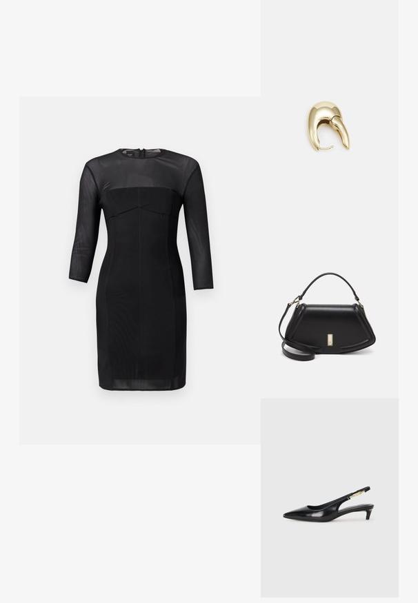 Zwarte getailleerde jurk met een ronde halslijn, driekwartmouwen en een gestructureerd lijfje. Gemaakt van gladde stof met een doorzichtige halslijnpaneel.; Zwarte leren slingback hakken met een spitse neus, voorzien van een slanke hak en een goudkleurige accent op de verstelbare band. Gladde textuur.; Zwarte leren handtas met een gestructureerd ontwerp, featuring een verkorte vorm, bovenhandvat en gouden hardwareaccent. Inclusief verstelbare schouderband.; Gouden metalen oorbel met een slank, gebogen ontwerp. Beschikt over een kenmerkende puntige vorm, gepolijste oppervlakte en scharnier sluiting.