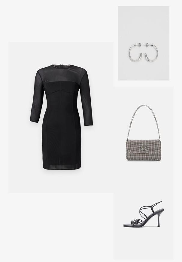 Fekete, testhez simuló ruha kerek nyakkivágással, háromnegyedes ujjal és strukturált felső résszel. Simább anyagból készült, áttetsző nyakkivágó panellel.; Fekete magas sarkú szandálok vékony pántokkal, csomózott mintával, sima négyzetes orral és karcsú stiletto sarkal rendelkeznek.; Világosszürke fémes kézitáska lánc pánttal, kis kör alakú fém kifinomult díszítéssel és háromszög alakú márkagéppel.; Ezüst karika fülbevalók sima, fényes felülettel. Lekerekített forma, könnyű kialakítással, tűs zárómechanizmussal.