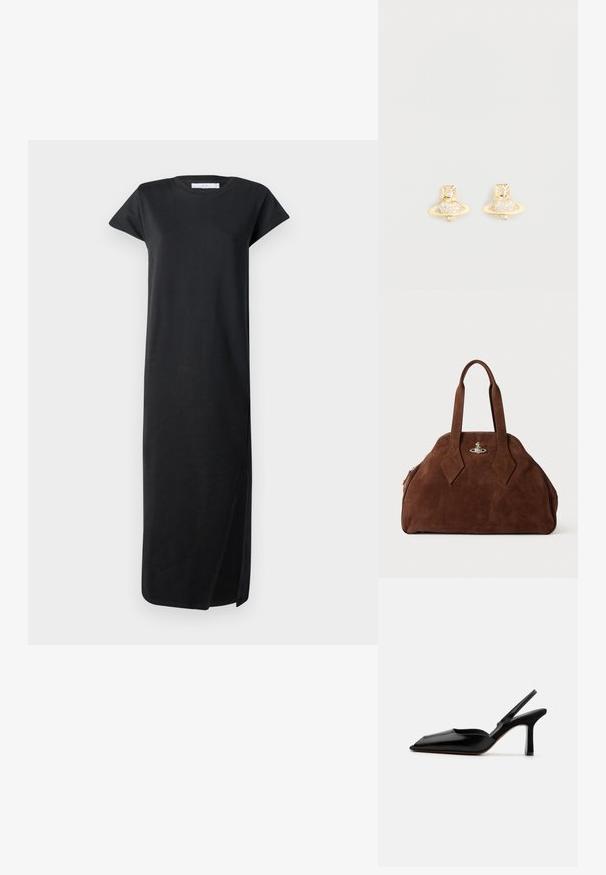 Černé bavlněné maxi šaty s krátkými rukávy, volným střihem, rovnými liniemi a bočním rozparkem, které se vyznačují jednoduchým designem a jemnou texturou.; Černé kožené slingback podpatky s špičatou špičkou, minimalistický design, tenký popruh kolem kotníku a štíhlý jehlový podpatek. Hladká textura.; Hnědá semišová kabelka se strukturovaným tvarem, zaobleným tělem a prodlouženými úchyty ve tvaru diamantu. Obsahuje stříbrné kování na zavírání.; Náušnice s pozlacenými cvoky ve tvaru Saturnu, s texturovaným páskem a vsazenými kulatými krystaly pro zvýraznění třpytu.