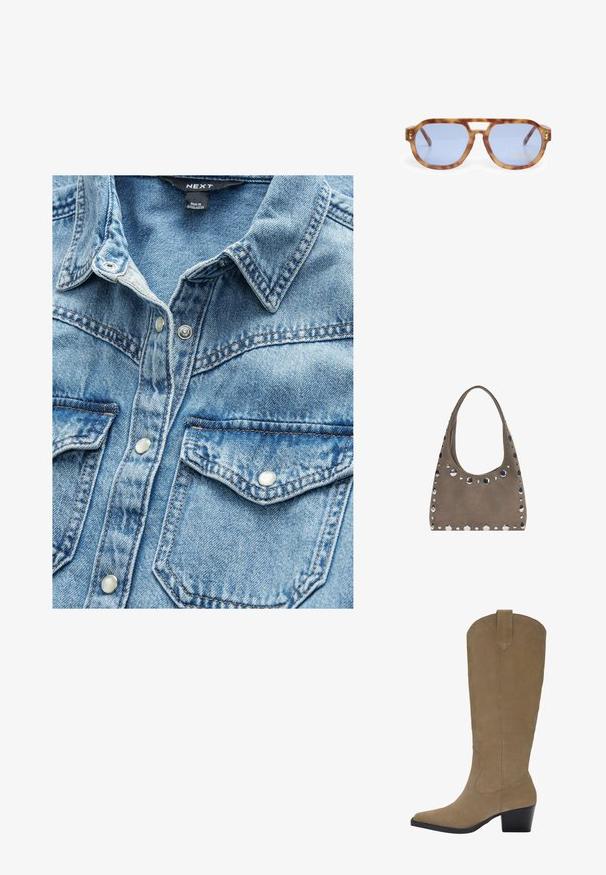 Ljusblå denimskjorta med två framfickor, tryckknappar och spetsig krage. Texturerad tyg med synliga sömnadsdetaljer.; Knähöga tanfärgade mockastövlar med spetsig tå, staplad klack och sömdekoration längs sidorna. Slät struktur och väldefinierad design.; Sköldpaddsglasögon med blå linser, kantig design, tjock ram och näsbrygga med snitt; har guldaccent på tinningen.; PULL&BEAR SHOPPER - Shoppingväska - grey