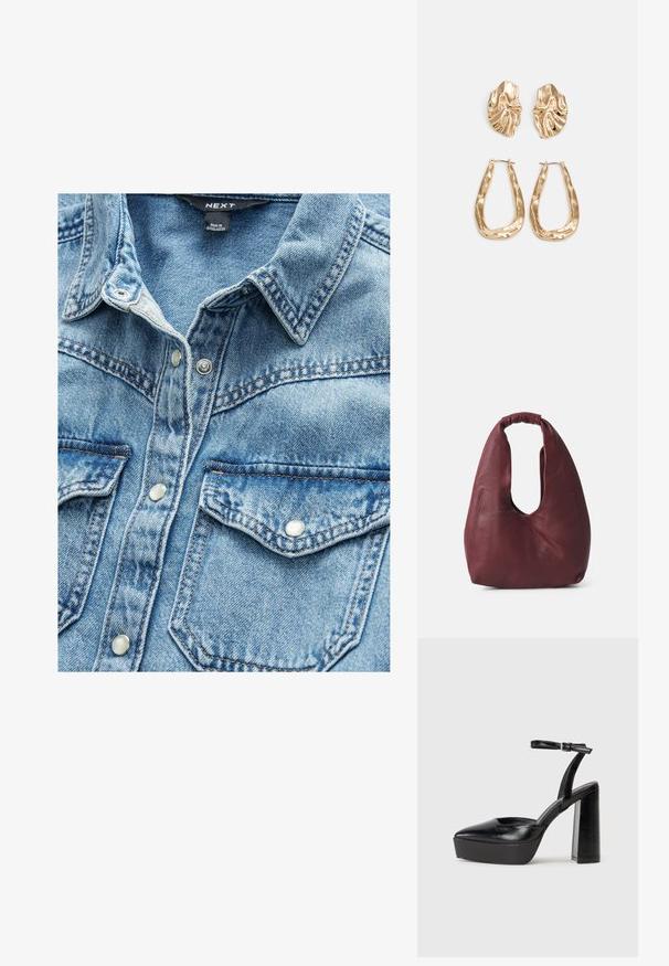 Vaaleansininen farkkupaita, jossa on kaksi etutaskua, nepparit ja kärkitakki. Rypytetty kangas, jossa näkyviä ompelutietoja.; Mustat korkeat platform-kengät, joissa on terävä kärki ja säädettävä nilkkaremmi. Valmistettu sileästä nahasta ja varustettu paksulla lohkokorkeudella.; Burgundy nahkalaukku, jossa on ainutlaatuinen kaareva kahva, teksturoitu pinta ja epäsymmetrinen muotoilu. Huomionarvoiset sivusaumayksityiskohdat.; Korukultainen korvakorut, joissa on teksturoituja, aaltoilevia muotoja. Mukana on veistokselliset klipsikorvakorut ja avoin rengasmalli, jossa on vasaroitu pinta.