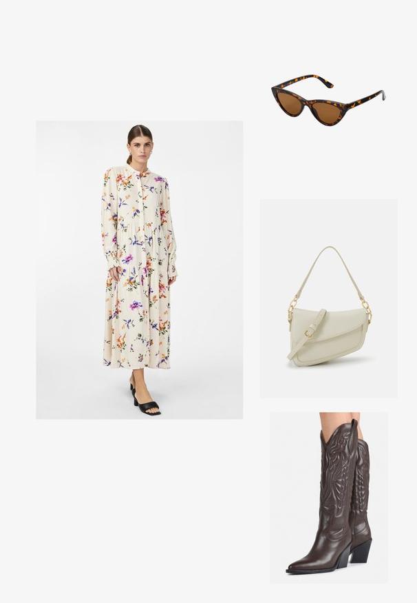Dolga cvetna obleka z dolgimi rokavi v kremni barvi z oranžnimi, vijoličnimi in zelenimi vzorci. Ima gumbe na sprednji strani in plisirano krilo. Nošena s črnimi sandali s peto.; Rjave usnjene kavbojske čevlje z ostrim nosom in blok peto, ki vsebujejo podrobno šivanje in dvignjene dodatke na zgornjem delu.; Mačje oči sončna očala z okvirom v črno-oranžni želvej ohišji, rjavimi lečami in elegantnimi, ostrimi konicami. Imajo minimalistični logo na ročaju.; Mala kremna torbica z teksturiranim zaključkom, dolgim nastavljivim trakom, verižnim poudarkom in zapiranjem na poklop. Detajli iz zlatega kovinskega materiala.; Zlate obroče, štiri kose, gladka površina, zaobljena zasnova, različne velikosti, z zaponko s tečajem za enostavno oblačenje.