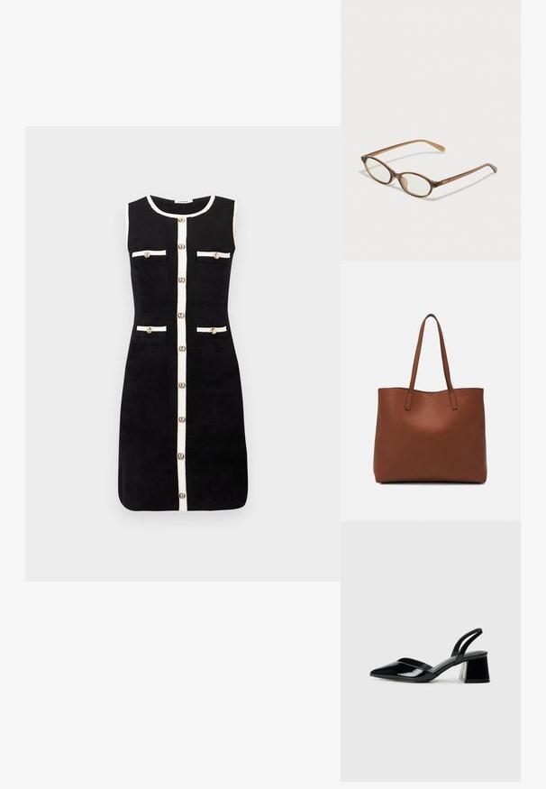 A fekete ujjatlan ruha egyenes szabással, fehér díszítéssel a széleken, négy elülső gombos zsebbel és középen gombos záródással rendelkezik.; Fekete lakk bőr szandálkés magas sarkú cipő, hegyes orral és geometrikus tömbsarkakkal. Karcsú, minimalista dizájn és sima textúra jellemzi.; Barna teknős páncélmintás szemüveg, ovális lencsékkel, vékony szárakkal és átlátszó részletekkel. A templomon diszkrét logó található. Elegáns, könnyű dizájn.; Barna bőr vászontáska sima textúrával, nyitott tetejű dizájnnal és két vállpánttal. Minimális varrással és látható hardver nélkül készült.