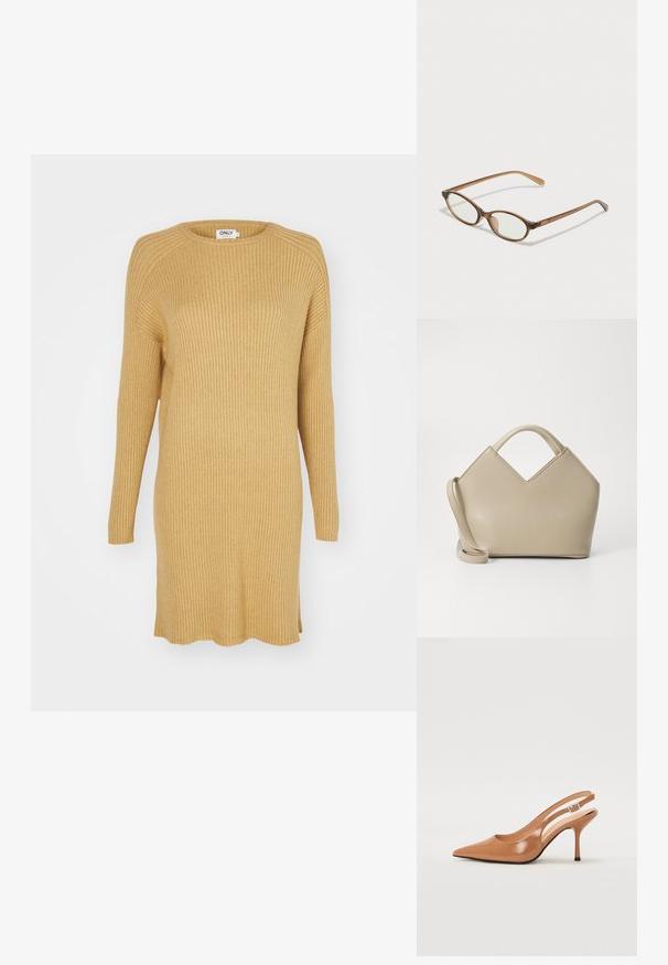 Mustár színű bordázott kötött ruha hosszú ujjakkal, kerek dekoltázzsal és oldalsó hasítékokkal az alján. Puha, texturált anyag jellemzi.; Fingerszűk, hegyes orrú, háttámlás sarokcipő sima, fényes barnás anyagból. Íves kivágású dizájn és karcsú stiletto sarkú. Ezüst csattal ellátva.; Barna teknős páncélmintás szemüveg, ovális lencsékkel, vékony szárakkal és átlátszó részletekkel. A templomon diszkrét logó található. Elegáns, könnyű dizájn.; Beige struktúrált kézitáska V-alakú tetejével, sima bőr anyaggal, rövid fogantyúkkal és hosszú állítható pánttal. Minimál stílusú design.