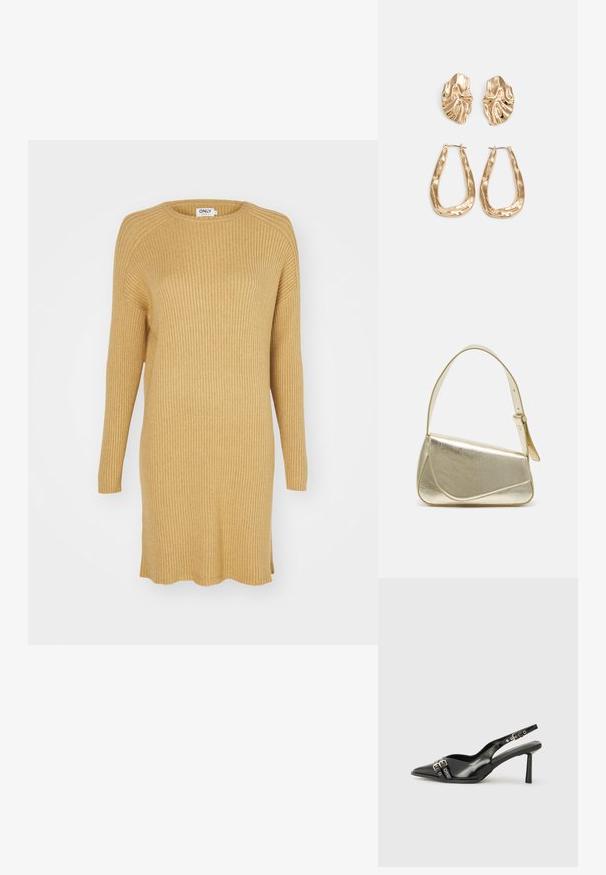 Vestido de malha canelada mostarda com mangas longas, decote redondo e fendas laterais na bainha. Apresenta um tecido macio e texturizado.; Sapato slingback preto em pele patentada com bico apontado, tiras no tornozelo apresentando fivelas e acessórios prateados, e um salto elegante.; Bolsa de mão metálica dourada com um design estruturado, textura suave e alça ajustável. Apresenta uma forma triangular única e costura minimalista.; Brincos em tom de ouro com formas onduladas e texturizadas. Inclui studs escultóricos com presilha e um design de argola aberta com um acabamento martelado.