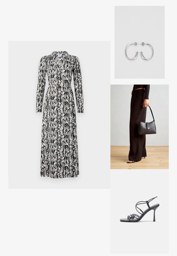 Ilga rankovė suknelė, kuri turi bangų formos juodai baltą raštą, apykaklę, dirželį liemens srityje ir laisvą siluetą su pilno ilgio dizainu.; Juodos aukštakulnės sandalai pasižymi plonyčiais dirželiais su mazgo dizainu, lygiu kvadratiniu pirštu ir elegantišku stiletto kulnu.; Juodas rankinė struktūrizuota forma, lygi tekstūra ir metalinis užsegimas. Suporuota su plačiomis juodomis kelnėmis ir atvirais bateliais ant medinių grindų.; Sidabriniai lankelio formos auskarai su lygiu, blizgiu paviršiumi, išlenktos formos ir su užsegimu. Minimalistinio dizaino su moderniu apdaila.