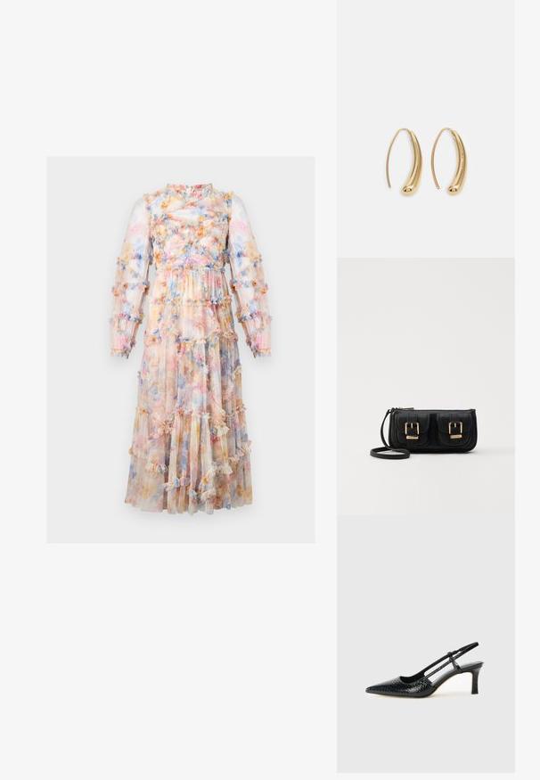 Hosszú, virágmintás ruha áttetsző, fodros rétegekkel pasztell színekben. Gyűrt mellrésszel és fodros részletekkel ellátott hosszú ujjakkal rendelkezik.; Fekete lakk slingback sarok, hegyes orral, texturált kígyómintával, állítható pánttal és rövid, texturált tömbsarkal.; Fekete bőr keresztbody táska két elülső zsebbel, arany csattokkal, cipzáras záródással és vékony pánttal. Textúrált felület és kompakt téglalap alak.; Aranyszínű fémből készült karika fülbevalók ívelt, hosszúkás formával. Simaságával és fényes felületével, valamint lekerekített végével további részletekkel bővül.
