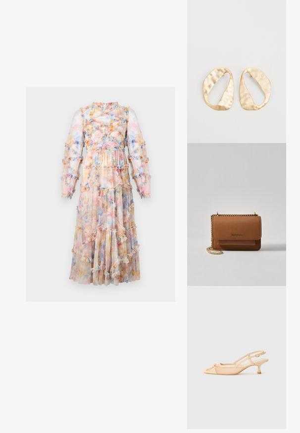 Pikk, lillemustriga kleit, millel on läbipaistvad, volangilised kihid pastelltoones. Omab kokku kogutud rindosa ja pikki varrukaid volangide aktsentidega.; Stuart Weitzman KITTY - Klassikalised kontsakingad - beige/barely beige; Pruun tekstureeritud nahk ristkeha kott kuldse ahelaga rihmaga ja klapiga sulgemine. Esiküljel on logo detail ja tasku klapi all.; Eba paar eba ebaorditud ovaalkujulisi kuldehhe kaal setertu, kerge keersuju pinnaga valgel taustal.