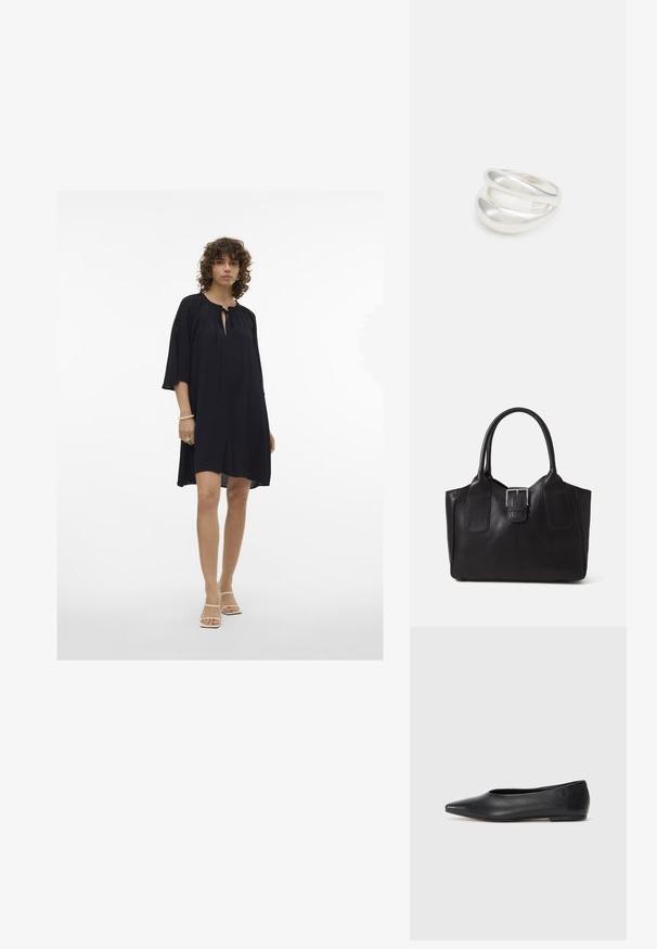 Aware VMJANNI 3/4 - Kasdienė suknelė - black; Juodas odinis baleto batas, su smailiu pirštu, minimalistinio dizaino, lygiu paviršiumi, žemo profilio kulnu, be matomos aparatūros ar papuošimų.; Juodas odinis nešiojamas krepšys su lygiu paviršiumi, struktūrine forma, dviem rankenėlėmis ir ryškiu sidabriniu sagties akcentu priekyje.; Sidabrinis dvigubas žiedas su lygiu, poliruotu paviršiumi. Pasižymi sklandžiu, kreiptu dizainu su persipinančiomis dalimis, suteikiančiomis modernų išvaizdą.