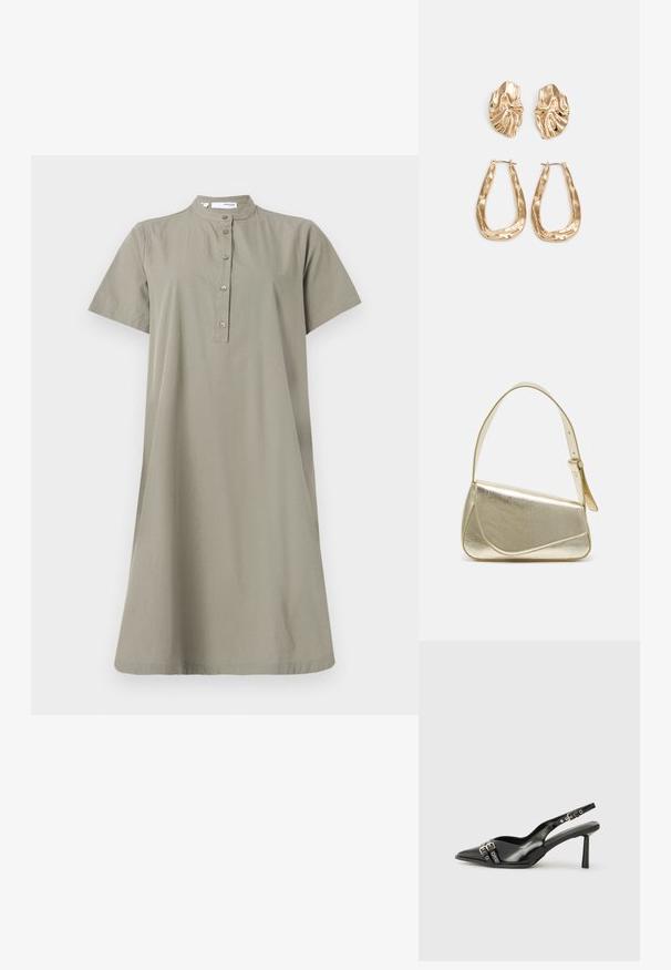 Khaki bombažna obleka s kratkimi rokavi, stoječim ovratnikom in gumbi po sprednji strani; ohlapen kroj in dolžina do kolen.; Črne patentne usnjene sandale s koničastim nosom, zankami okoli gležnja s srebrnimi sponkami in opremo ter vitkimi petami.; Zlata metalna torbica z urejenim dizajnom, gladko teksturo in nastavljivim trakom. Ima edinstveno trikotno obliko in minimalistično šivanje.; Zlato obarvani uhani z teksturiranimi, valovitimi oblikami. Vključujejo skulpturalne sponke za ušesa in odprto obliko obročka s kladivastim finišem.