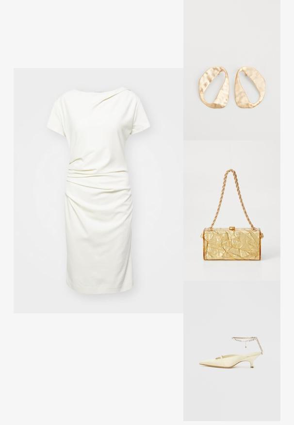 Valge kleit pehmest kangast, millel on lühikesed varrukad, paadi kaelus ja külgedel klappimisdetailid, luues voolava efekti.; Kitsaaste kollane satiinist slingback king, millel on madal konts ja dekoratiivne kett pahkluu rihm, millel on rhinestone'id. Sile tekstuur, minimaalne disain.; Kuldne korter struktuuriga käekott, millel on ristkülikuline kuju, kettling ja ülaosas klambriga sulgur. Sile, läikiv viimistlus.; Eba paar eba ebaorditud ovaalkujulisi kuldehhe kaal setertu, kerge keersuju pinnaga valgel taustal.