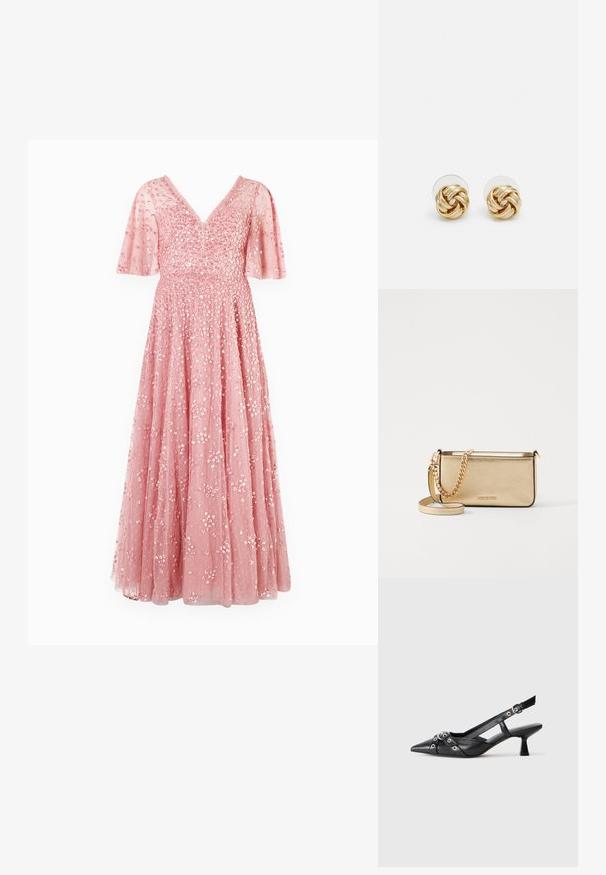 Needle & Thread LEILA DOT V NECK CAPE ANKLE GOWN - Alkalmi viselet - primrose; Fekete bőr slingback cipő hegyes orral, dekoratív pántokkal, fém szemekkel és alacsony blokk sarkú. Texturált felület.; Fémes arany bőr clutch táska textured felülettel, arany lánc pánttal és levehető vállpánttal. Márkájának logója debösszel.; Arany színű csomó fülbevalók, csavart formával. Minden fülbevaló mögött egy kör alakú átlátszó támasz található a biztonságos viselés érdekében.