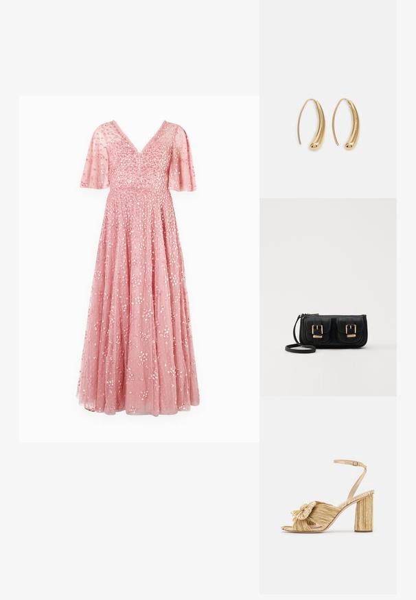 Needle & Thread LEILA DOT V NECK CAPE ANKLE GOWN - Společenské šaty - primrose; Zlaté sandály na podpatku s uzlem vpředu, sklady na povrchu a páskem kolem kotníku. Blokový podpatek má žebrovaný design, který zvyšuje přilnavost.; Černá kožená crossbody taška se dvěma předními kapsami, zlatými přezkami, zipovým uzávěrem a štíhlým popruhem. Texturovaný povrch a kompaktní obdélníkový tvar.; Náušnice ve tvaru kruhu z pozlaceného kovu s vroubkovaným, prodlouženým tvarem. Mají hladký, lesklý povrch a zaoblený konec pro zvýraznění detailu.