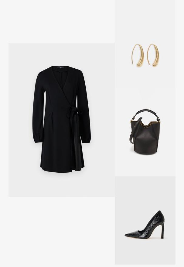 Rochie neagră, cu mâneci lungi, de tip wrap, cu decolteu în V și un detaliu de legare pe lateral. Confecționată dintr-un material fin, cu o siluetă fluidă și un tiv până la genunchi.; Pantofii cu toc înalt, ascuțiți, de culoare neagră, cu textură de piele de crocodil, având un design elegant, toc în stil stiletto și interior neted de culoare neagră.; Geantă din piele neagră în stil bucket, cu un finisaj texturat, accente din metal auriu și un compartiment deschis. Dispune de o mânere scurtă și un curea de umăr ajustabilă.; Cercei din metal auriu, cu un design curbat și alungit. Au o suprafață netedă și strălucitoare, cu un vârf rotunjit pentru un detaliu suplimentar.