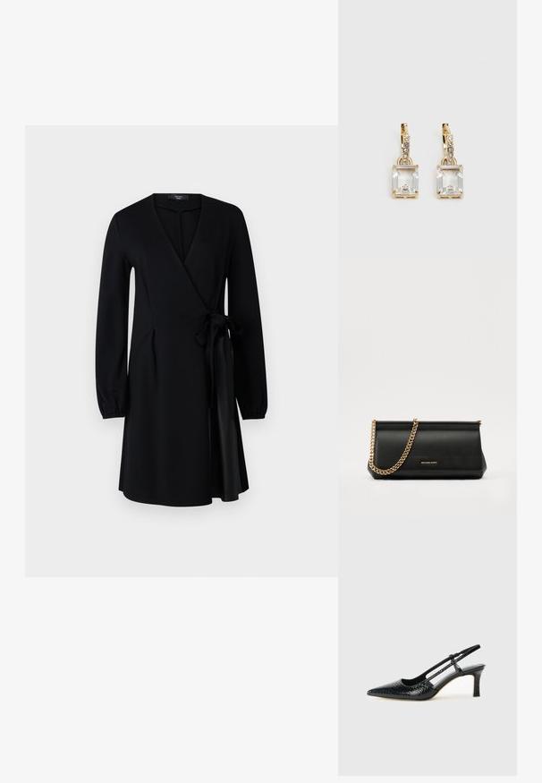 Abito avvolgente nero con maniche lunghe, scollatura a V e fiocco laterale. Realizzato in tessuto morbido con una silhouette fluida e orlo a lunghezza ginocchio.; Slingback con tacco in vernice nera con punta affusolata, caratterizzato da una stampa a serpente testurizzata, cinturino regolabile e un tacco corto e testurizzato.; Clutch bag in pelle nera con tracolla in catena dorata, caratterizzato da una superficie liscia, forma rettangolare e branding in rilievo sul davanti.; Orecchini in tonalità dorata con un cristallo trasparente rettangolare sospeso sotto una fila di piccoli accenti trasparenti rotondi. Design elegante e moderno.