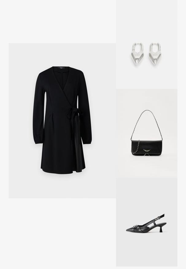 Schwarzes Wickelkleid mit langen Ärmeln, V-Ausschnitt und seitlichem Bindeband. Hergestellt aus glattem Stoff mit fließender Silhouette und knielangem Saum.; Schwarzer Leder-Slingback-Schuh mit spitz zulaufender Zehenpartie, dekorativen Riemen mit METALLÖSEN und niedrigem Blockabsatz. Strukturelle Oberfläche.; Schwarze Lederhandtasche mit einem silbernen Kettenriemen, verziert mit dekorativen Flügelakzenten und weißen Nähten entlang der unteren Naht.; Silberne herzförmige Vorhängeschlösser mit eingravierten "JA"- und "NEIN"-Texten, polierte Oberfläche, symmetrisches Design und einem robusten Metallverschluss.