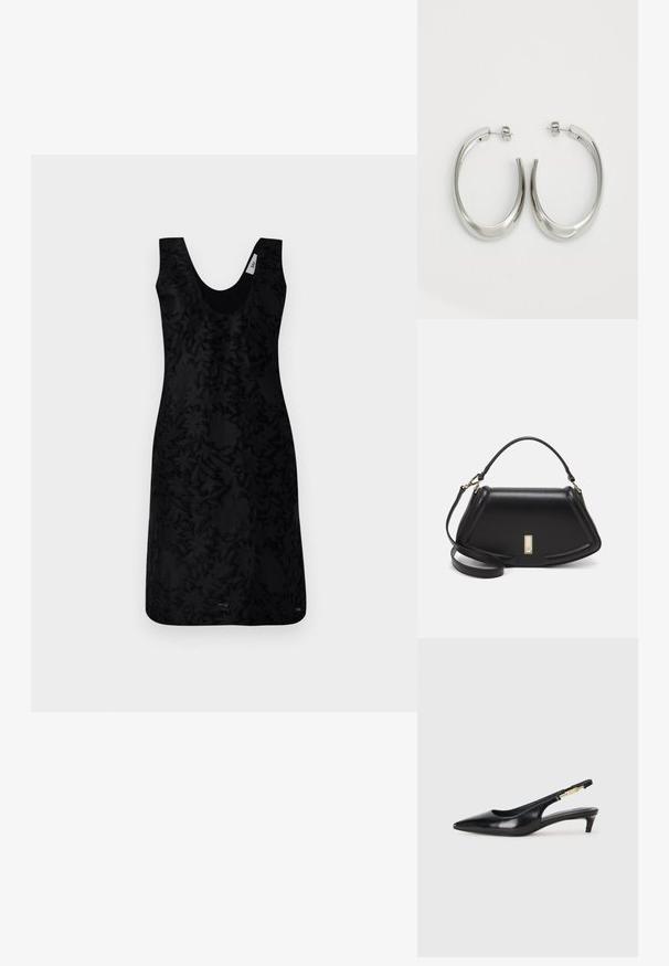 Rochie neagră fără mâneci, cu decolteu în V, având un model floral texturat pe toată suprafața. Designul este structurat, cu o siluetă ajustată.; Sandale slingback din piele neagră cu vârf ascuțit, având un toc subțire și un accent de culoare aurie pe curea ajustabilă. Textură netedă.; Geantă de umăr din piele neagră, cu un design structurat, având o formă tăiată, mânere superioare și accente din aur. Include o curea de umăr ajustabilă.; Cercei din argint, cu un design neted și curbat. Prezintă o finisare metalică strălucitoare și închidere cu stud. Fără modele sau accente vizibile.