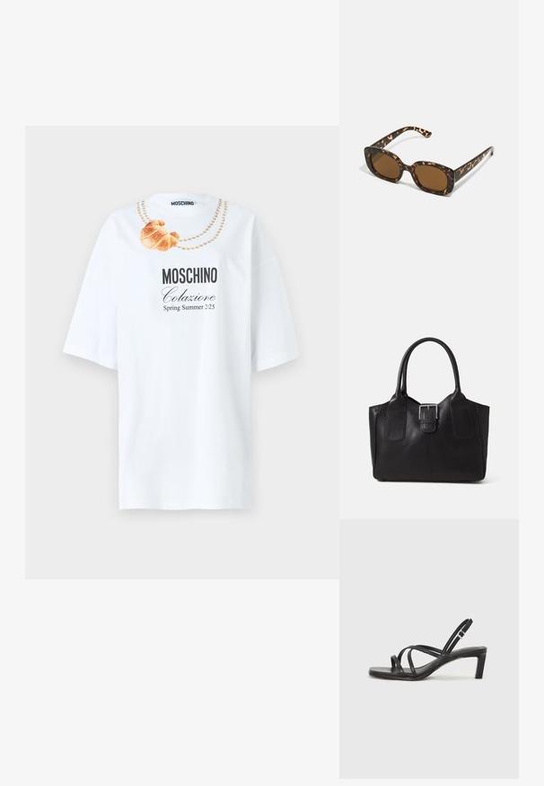Hvid bomulds T-shirt med korte ærmer, der har et grafisk motiv af en croissant og en perlesmykke. Teksten siger "Moschino Colazione Forår Sommer 225."; Sort remsandale med firkantet tå og en lav blokeret hæl. Har flere tynde stropper og en justerbar ankelrem. Fremstillet af glat læder.; Skildpadde-solbriller med en rund, kraftig ramme og brune linser. Har subtile mønstre og lige, afsmalnende stænger.; Sort læder tote taske med glat tekstur, struktureret form, to håndtag og en fremtrædende sølvspænde detalje på forsiden.