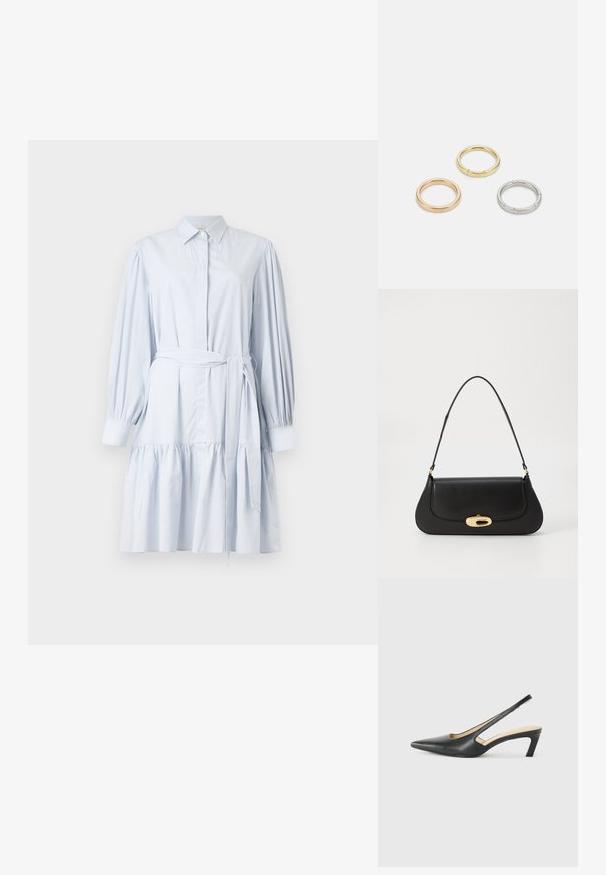 Šviesiai mėlynas dryžuotas suknelės marškiniai su sagų apykakle, ilgomis pūstomis rankovėmis, diržo talija ir sluoksniuota volanų apdaila.; Juodas smailus slingback batelis su žemu kulnu, pagamintas iš lygaus odos paviršiaus ir su išpjovomis šone, užtikrinančiomis oro pralaidumą.; Juodas odinis rankinės su išlenktu dizainu, auksinių atspalvių furnitūra ir viršutine rankena. Savybės - stilingas uždarymas ir glotni tekstūra.; Trys metalinės žiedai: vienas rožinės aukso, vienas auksinis su tekstūruotais akcentais ir vienas sidabrinis, visi su įmintu ženklinimu vidinėje juostoje.