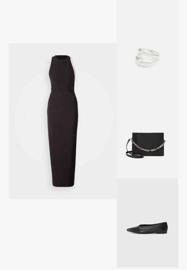 Crna bezrukava haljina s uskim siluetom, koja ima teksturiranu bočnu ploču i suptilni izrez. Izrađena od glatkog materijala.; Crne kožne balerinke, uski vrh, minimalistički dizajn, glatka tekstura, niska peta, bez vidljivih dodataka ili ukrasa.; Crna kožna torba preko tijela s glatkom teksturom, pravokutnim oblikom i metalnim lancem na prednjoj strani. Uključena je podesiva naramenica.; Srebrna dvostruka prsten s glatkom, poliranom površinom. Karakterizira ga fluidan, zakrivljen dizajn s preklapajućim sekcijama za moderan izgled.