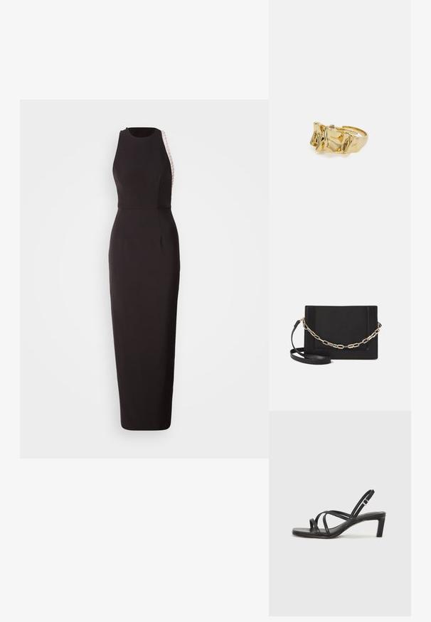 Melnā bez piedurknēm tērps ar pieguļošu siluetu, kuram ir teksturēta sānu paneļa un diskreta izgriezuma kakla līnija. Izgatavots no gluda auduma.; Melnas strappy sandales ar kvadrātveida purngaliem un zemu bloku papēdi. Ievērojamas ar vairākiem plāniem siksniņām un regulējamu potītes siksniņu. Izgatavotas no gludas ādas.; Melna ādas crossbody soma ar gludu faktūru, taisnstūrveida formu un metalizētu ķēdes detaļu priekšā. Iekļauta regulējama siksna.; Zelta gredzens ar teksturētu, viļņotu dizainu, kas rotāts ar trim izteiktām virsotnēm. Gluda, spīdīga virsma ar atvērtu joslu, lai to varētu pielāgot.