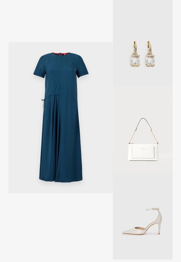 Tirkizna haljina s kratkim rukavima, jednostavnog okruglog izreza i blago asimetričnim dizajnom. Ima detalj bočnog zavezivanja i mekanu teksturu.; Bijela kožna visoko potpetica s oštrim vrhom, remenom oko članaka i tankom stiletto potpeticom. Glatka tekstura s blagim sjajnim završetkom.; Bijela kožna torba s teksturiranim završetkom, koja ima zlatni lančić i crne akcentne detalje. Uključuje prednji džep i zatvaranje na patentni zatvarač.; Zlatne naušnice s pravokutnim, prozirnim kristalom koji visi ispod niza malih, okruglih prozirnih akcenata. Elegantni, moderni dizajn.