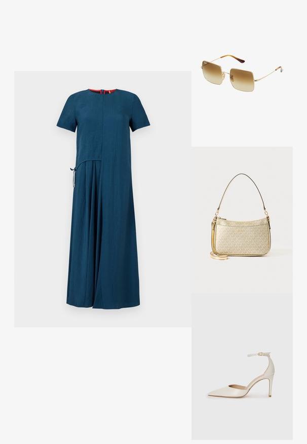 Rochie teal cu mâneci scurte, decolteu rotund simplu și un design ușor asimetric. Prezintă un detaliu cu nod pe lateral și o textură moale.; Pantofii înalți din piele albă, cu vârf ascuțit, curea la gleznă și toc subțire de tip stiletto. Textură netedă cu un finisaj subtil lucios.; Ochelari de soare pătrați cu lentile maro cu gradient, ramă din metal auriu și accente din scoică țestoasă pe brațe.; Geantă texturată cu aur, cu o curea din piele netedă, având închidere cu fermoar și un model subtil de logo imprimat pe suprafață.