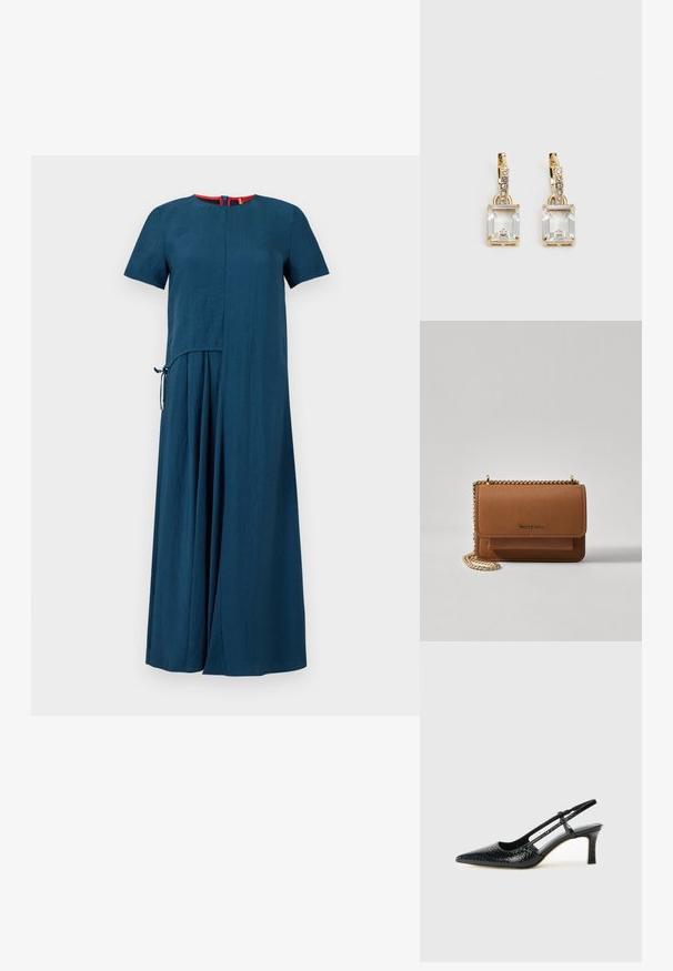 Tirkīza krāsu kleita ar īsām piedurknēm, vienkāršu apaļu kakla izgriezumu un nedaudz asimetrisku dizainu. Ievērību piesaista sānu sasienamā detaļa un mīksta tekstūra.; Melna patent āda ar slīdošo papēdi un smailo purngalu, ar teksturētu čūsku drukājumu, regulējamu siksniņu un īsu teksturētu blokpapēdi.; Brūna teksturēta ādas plecu soma ar zelta ķēdes siksnu un atloka aizdari. Priekšpusē ir logotipa detaļa un kabata zem atloka.; Zeltītas auskaru rotas, kuru centrā ir taisnstūra formas caurspīdīgs kristāls, kas karājas zem mazu, apaļu caurspīdīgu akcentu rindas. Elegants, mūsdienīgs dizains.