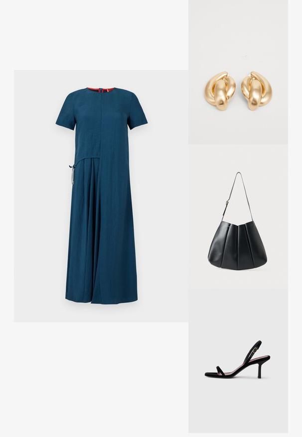 Robe bleu canard à manches courtes, à col rond simple et à la coupe légèrement asymétrique. Présente un détail de nouage sur le côté et une texture douce.; Une sandale à talons hauts pour femmes en daim noir avec des lanières fines et une boucle dorée sur fond blanc, vue de côté.; Sac à épaule en cuir noir avec un design plissé, texture lisse, une seule sangle et un subtil accent en doré.; Boucles d'oreilles en métal doré présentant un design torsadé avec une surface lisse et brillante et des formes arrondies. Chacune mesure environ 5 centimètres.