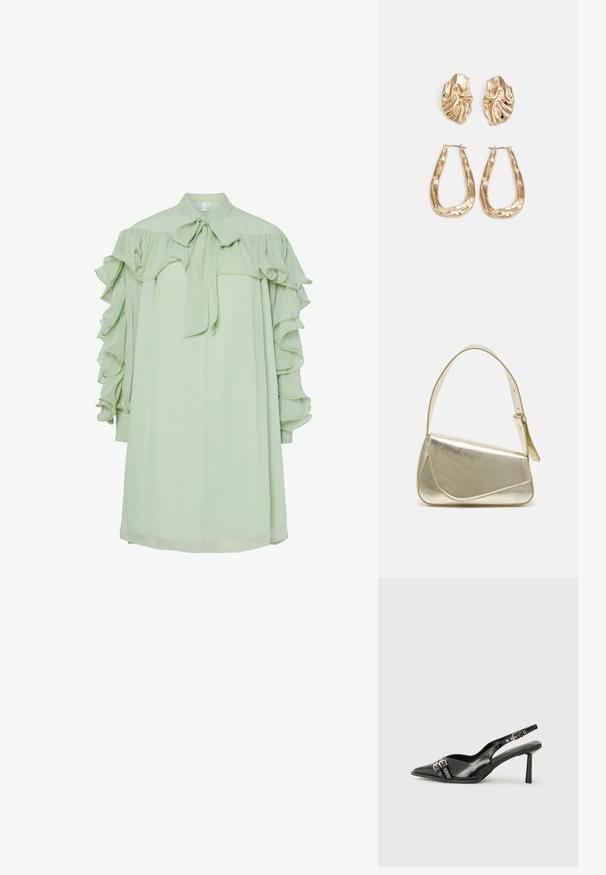 Svetlo zelena midi obleka z nabranimi dolgimi rokavi in ovratnikom s poveskom, ki ima ohlapen, spuščajoč se kroj.; Črne patentne usnjene sandale s koničastim nosom, zankami okoli gležnja s srebrnimi sponkami in opremo ter vitkimi petami.; Zlata metalna torbica z urejenim dizajnom, gladko teksturo in nastavljivim trakom. Ima edinstveno trikotno obliko in minimalistično šivanje.; Zlato obarvani uhani z teksturiranimi, valovitimi oblikami. Vključujejo skulpturalne sponke za ušesa in odprto obliko obročka s kladivastim finišem.