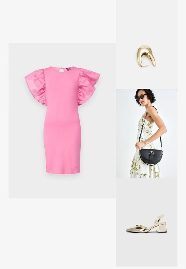 Roza obleka bodycon s kratkimi, nabranimi satinastimi rokavi. Okrogli izrez, do kolen, gladka tkanina z lahkotno teksturo.; Zlati, kovinski slingback čeveljci z ostrim nosom in masivnim peto. Gladka tekstura, minimalistična zasnova in ozka zanka.; Črna usnjena torbica s ukrivljeno obliko, z odstranljivo naramnico in zlatimi dodatki. Torbica ima pokrov s podrobnostmi v obliki zaponke.; Uhane nakit iz zlatastega tona z gladko, ukrivljeno zasnovo. Ima edinstveno koničasto obliko, polirano površino in zaponko s tečajem.