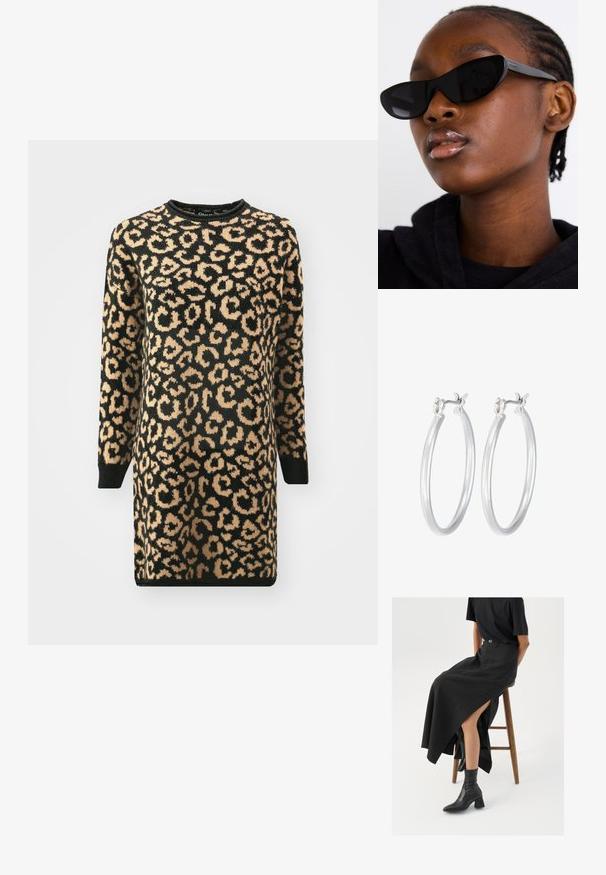 Leopardų rašto megztinis suknelė, turinti juodą pagrindą su smėlio spalvos dėmėmis, ilgomis rankovėmis ir raštuotu apykaklės bei rankogalių dizainu. Minkšta, tekstūruota medžiaga.; Juoda lininė maksi sijonas su aukštu plyšiu, vilkimas su juodu marškinėliu ir juodais aulinukais. Minimalistinis dizainas su laisvu siluetu.; Juodi katės akies akiniai su matinio paviršiaus apdaila, pasižymintys elegantišku dizainu ir švelniai išlenktais kraštais, derinami su modelio tamsiais drabužiais.; Sidabriniai auskarai su sklandžiu, poliruotu paviršiumi. Apvalios formos ir saugus uždarymo mechanizmas. Lengvas dizainas, tinkantis kasdieniam dėvėjimui.