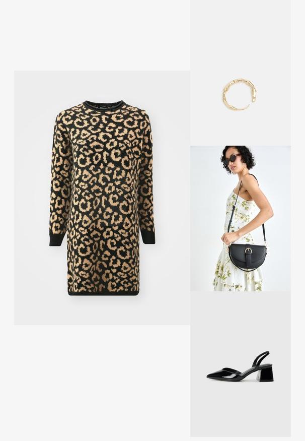 Leopardų rašto megztinis suknelė, turinti juodą pagrindą su smėlio spalvos dėmėmis, ilgomis rankovėmis ir raštuotu apykaklės bei rankogalių dizainu. Minkšta, tekstūruota medžiaga.; Juodos lakuotos odinės šlepetės su smailiu pirštu ir geometriniu bloko kulnu. Turi elegantišką, minimalistinį dizainą ir lygų paviršių.; Juodas odinis krepšys su išlenkta forma, nuimamu dirželiu ir auksiniais detalėmis. Krepšys turi kilpą su sagtimi.; Auksinės spalvos žiedas, turintis organišką, sukimosi dizainą su lygiu paviršiumi ir siaurėjančiais galais, sukuriantis modernią skulptūrinę išvaizdą.