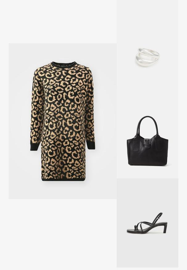 Abito a maglia con stampa leopardata con base nera e macchie beige, maniche lunghe, colletto e polsini a costine. Tessuto morbido e texturizzato.; Sandalo nero con cinturini, dalla punta squadrata e tacco basso a blocco. Presenta diversi cinturini sottili e una cinturini regolabile alla caviglia. Realizzato in pelle liscia.; Borsa tote in pelle nera con texture liscia, forma strutturata, due manici e un evidente dettaglio in fibbia argentata sul davanti.; Anello doppio in argento con superficie liscia e lucida. Presenta un design fluido e curvo con sezioni sovrapposte per un aspetto moderno.