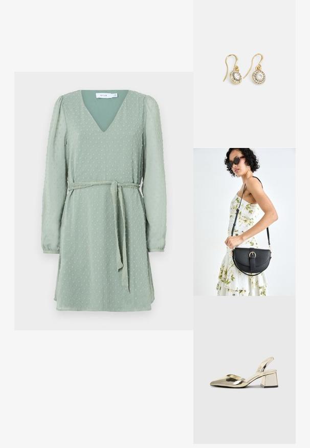 Zelena haljina s V-izrezom, dugim puf rukavima, teksturiranim uzorkom točkica i odgovarajućim pojasom od istog materijala u struku.; Zlatni metalik slingback sandali s šiljatim vrhom i debelim potpeticama. Glatka tekstura, minimalistički dizajn i uski remen.; Crna kožna torba s lukovitim oblikom, odvojivim remenom i zlatnim detaljima. Torba ima preklop s kopčom.; Zlatne naušnice s ovalnim prozirnim kristalima okruženim manjim prozirnim kamenčićima, s dizajnom na kuku za sigurno nošenje.