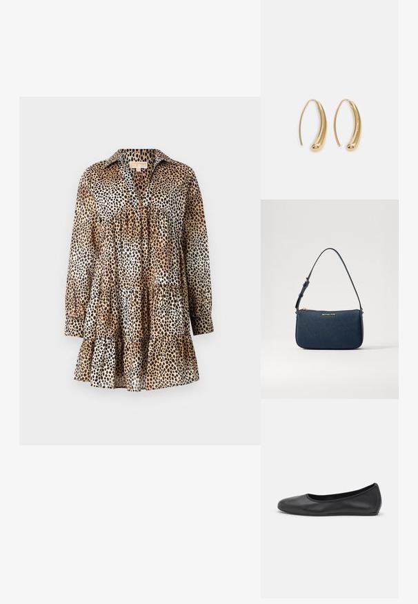 Šaty s leopardím vzorem vyrobené z lehkého materiálu. Mají límečkový výstřih, dlouhé rukávy a volánkový lem. Barvy: béžová, černá, hnědá.; Černé kožené baletní byty s kulatou špičkou, hladkou texturou, minimálními švy a flexibilním designem podrážky.; Tmavě modrá kabelka z umělé kůže se zlatým logem, zipovým uzávěrem a nastavitelným ramenním popruhem, s hladkou texturou a obdélníkovým tvarem.; Náušnice ve tvaru kruhu z pozlaceného kovu s vroubkovaným, prodlouženým tvarem. Mají hladký, lesklý povrch a zaoblený konec pro zvýraznění detailu.