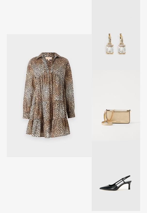 Leopardų rašto suknelė, pagaminta iš lengvos medžiagos. Ruožas su apykakle, ilgomis rankovėmis ir sluoksniuota pynia. Spalvos: smėlinė, juoda, ruda.; Juodai lakuoti slingback aukštakulniai su smailiu nosiu, su tekstūruotu gyvatės raštu, reguliuojama juosta ir trumpu, tekstūruotu blokiniu kulnu.; Metaliniu auksu padengtas odinis rankinukas su tekstūruotu paviršiumi, kuris turi auksinį grandinėlės dirželį ir nuimamą petį. Įspaustas prekės ženklas.; Auksinės spalvos auskarai, kuriuose yra stačiakampis, skaidrus kristalas, kabantis po eile mažų, apvalių skaidrių akcentų. Šiuolaikiškas, modernus dizainas.
